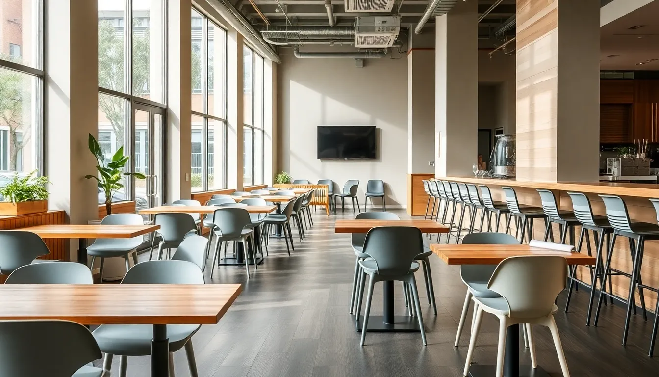 modern melbourne cafe with stylish commercial furniture and natural lighting