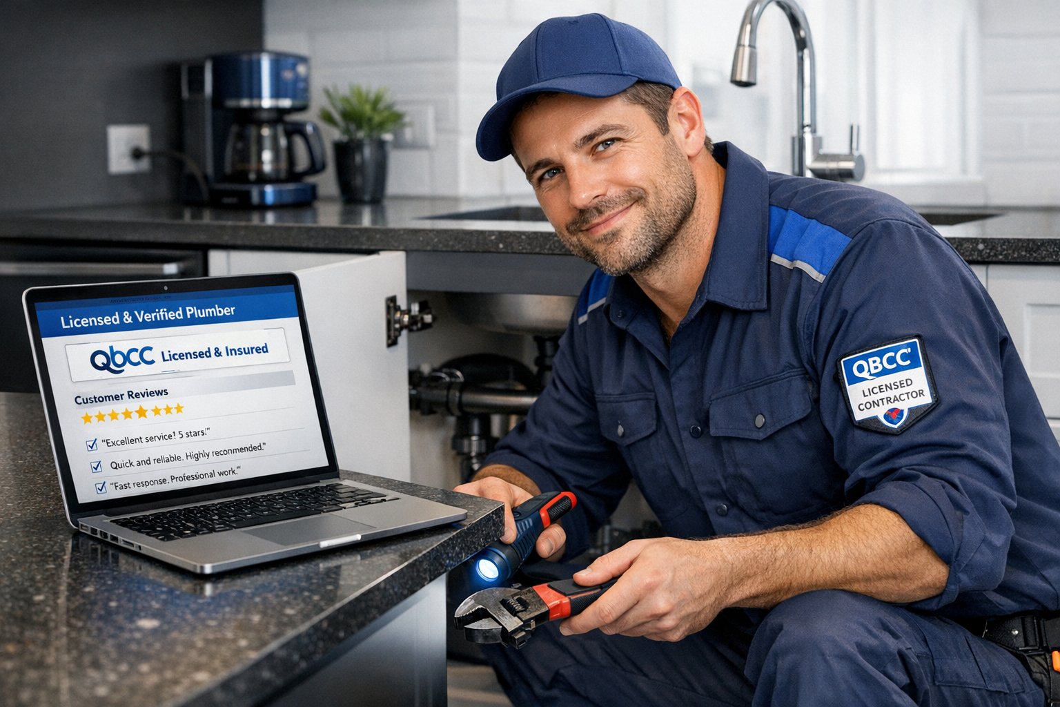 professional plumber diagnosing emergency plumbing issue in modern kitchen